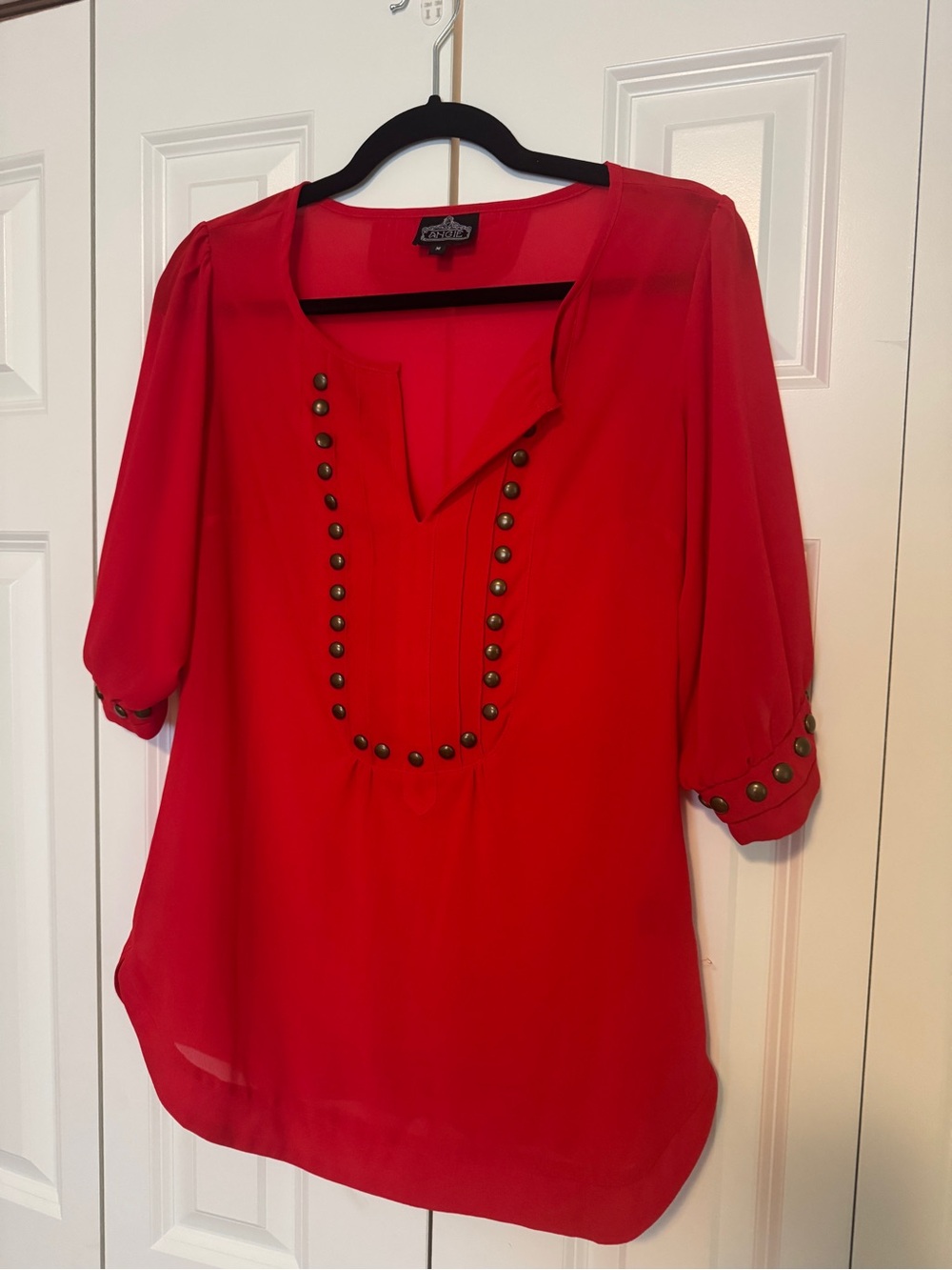 Angie Red Stud-Trim 3/4 Sleeve Tunic Blouse